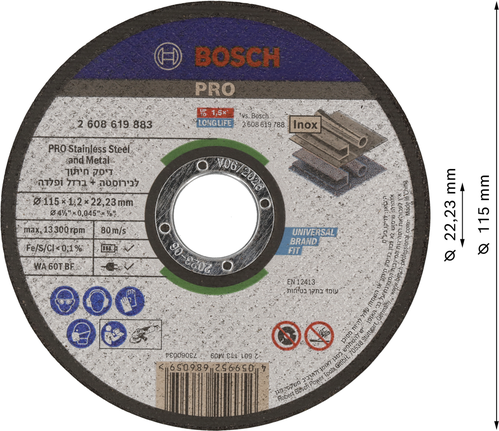Disco de corte Bosch PRO para acero inoxidable y metal de 115 mm.